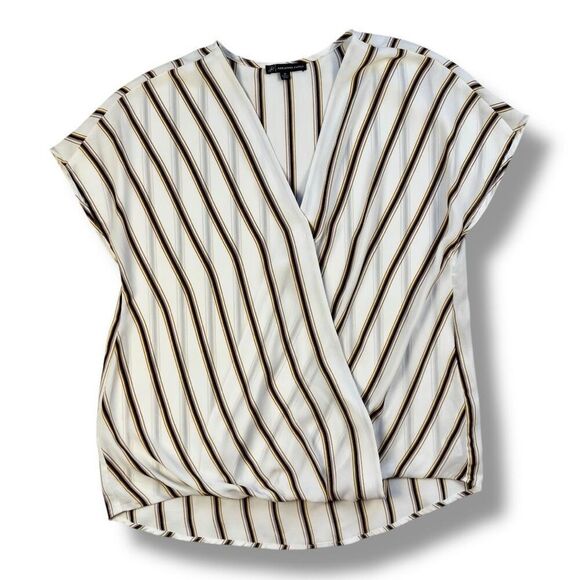 Adrianna Papell Cream Striped V-Neck Wrap Blouse Sz M - Picture 2 of 11